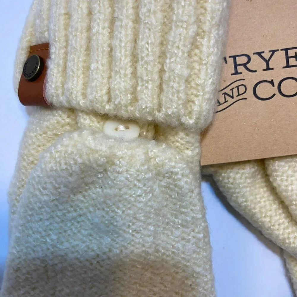 Frye & Co ‎ NWT Womens Butter Creamy Tan Cable Knit Pop Top Mitten Gloves-OSFM